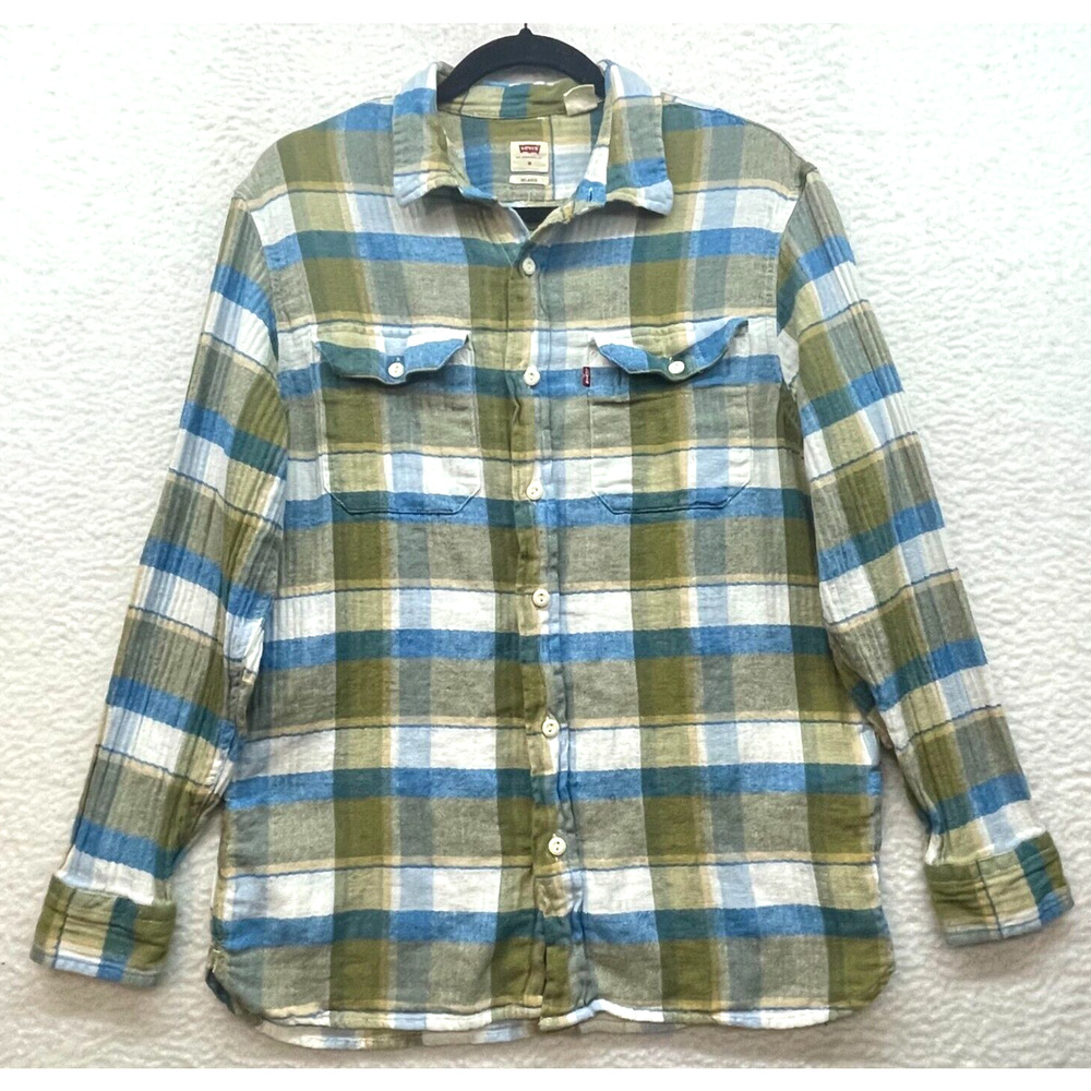 Levis Shirt Mens Medium Green Plaid Button Down Relaxed Flannel Cargo Pocket